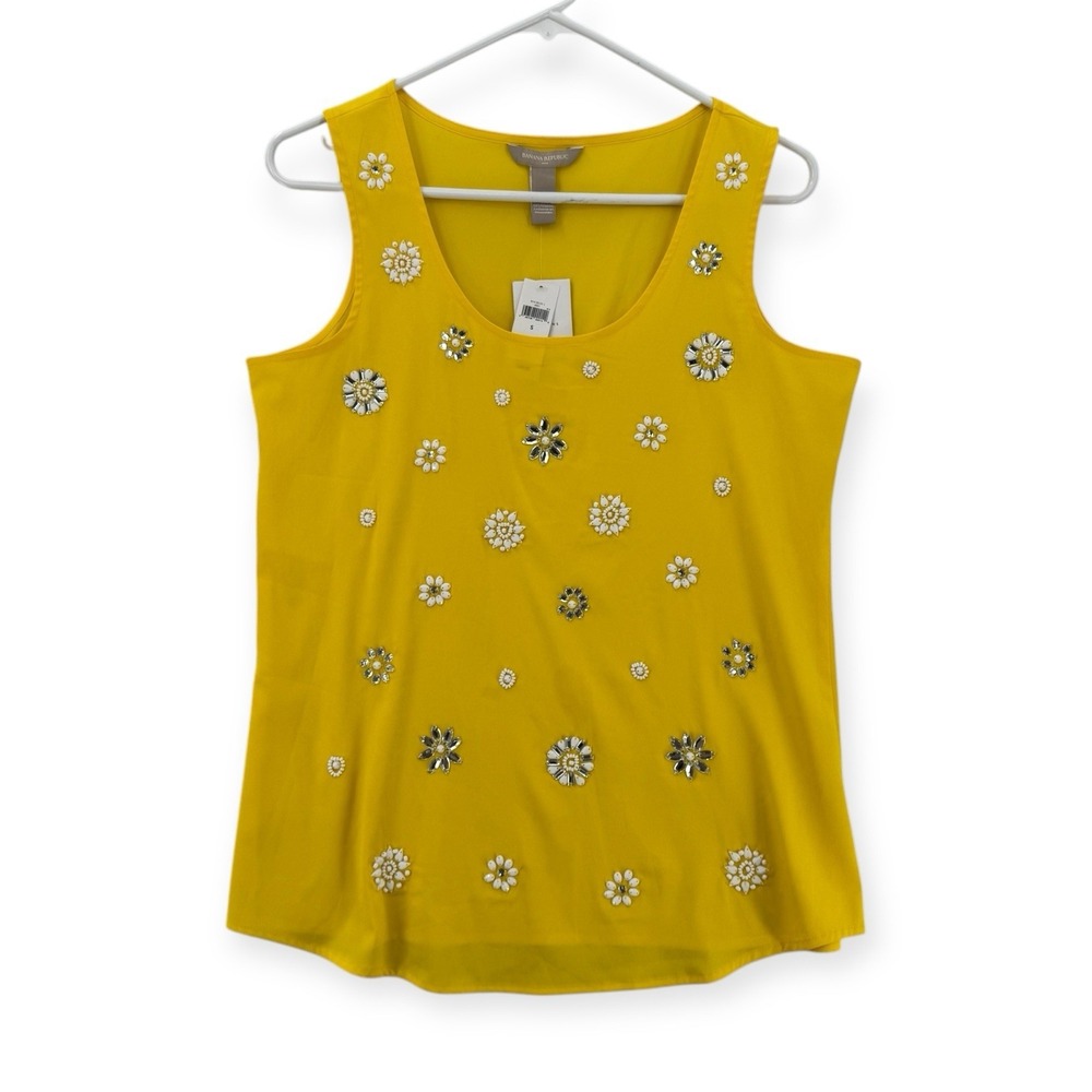 Banana Republic Tank Top Womens Small Sleeveless Yellow Jewel Floral Beaded NWT
